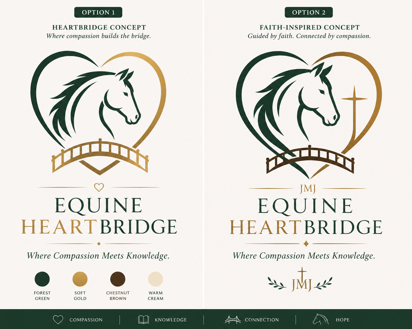 Horse profile inside a heart above a gold bridge